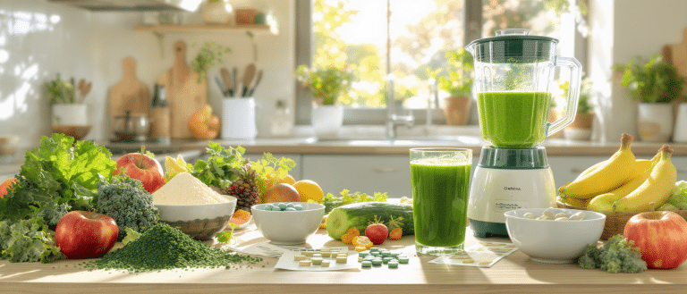 Préparation d’un smoothie vert à la spiruline et à la chlorelle dans une cuisine lumineuse, entourée de fruits frais, légumes verts et gélules naturelles.