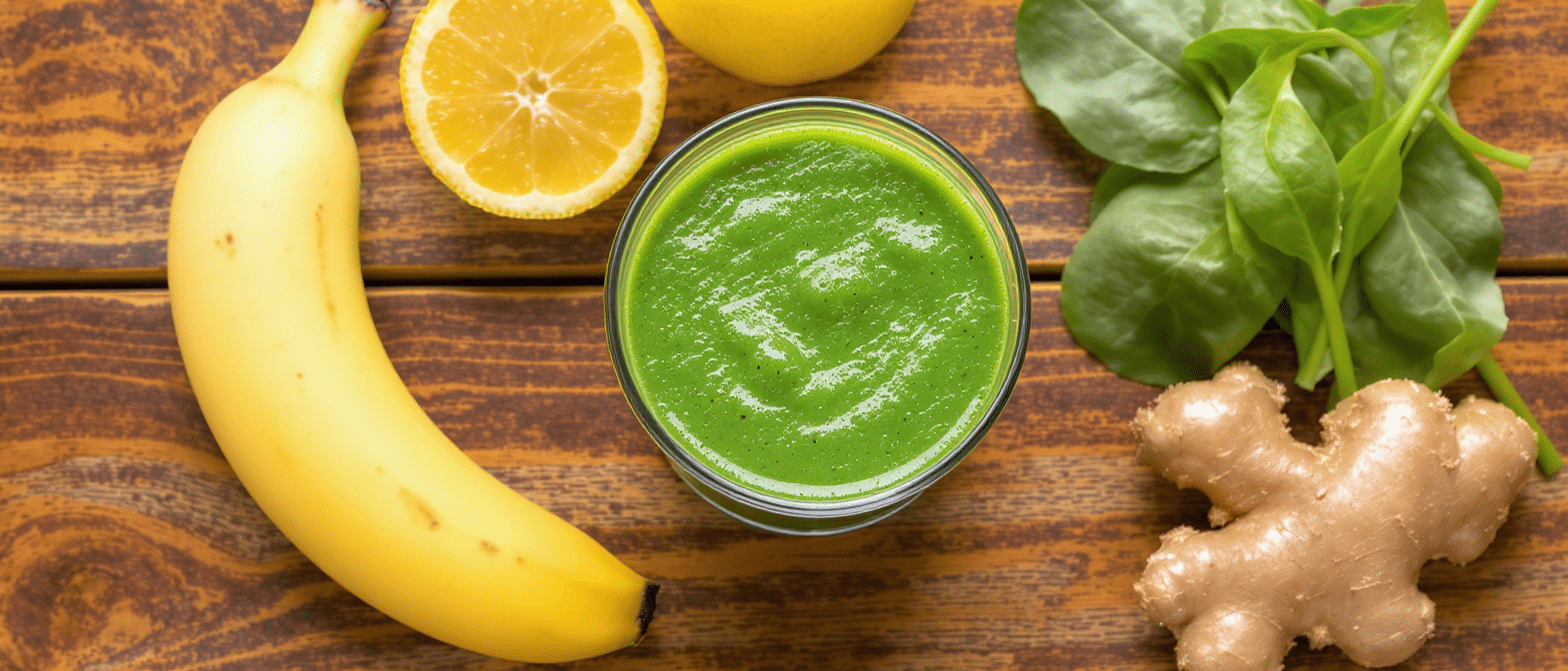 Smoothie vert à la spiruline et à la chlorelle, préparé avec banane, citron, gingembre et feuilles d’épinard, sur une table en bois.