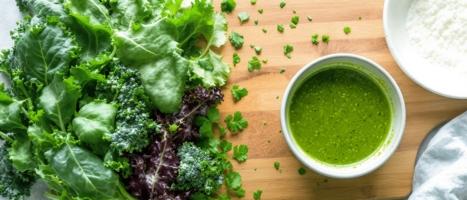 Bol de vinaigrette verte à la chlorelle entouré de légumes à feuilles vertes frais sur une planche en bois.