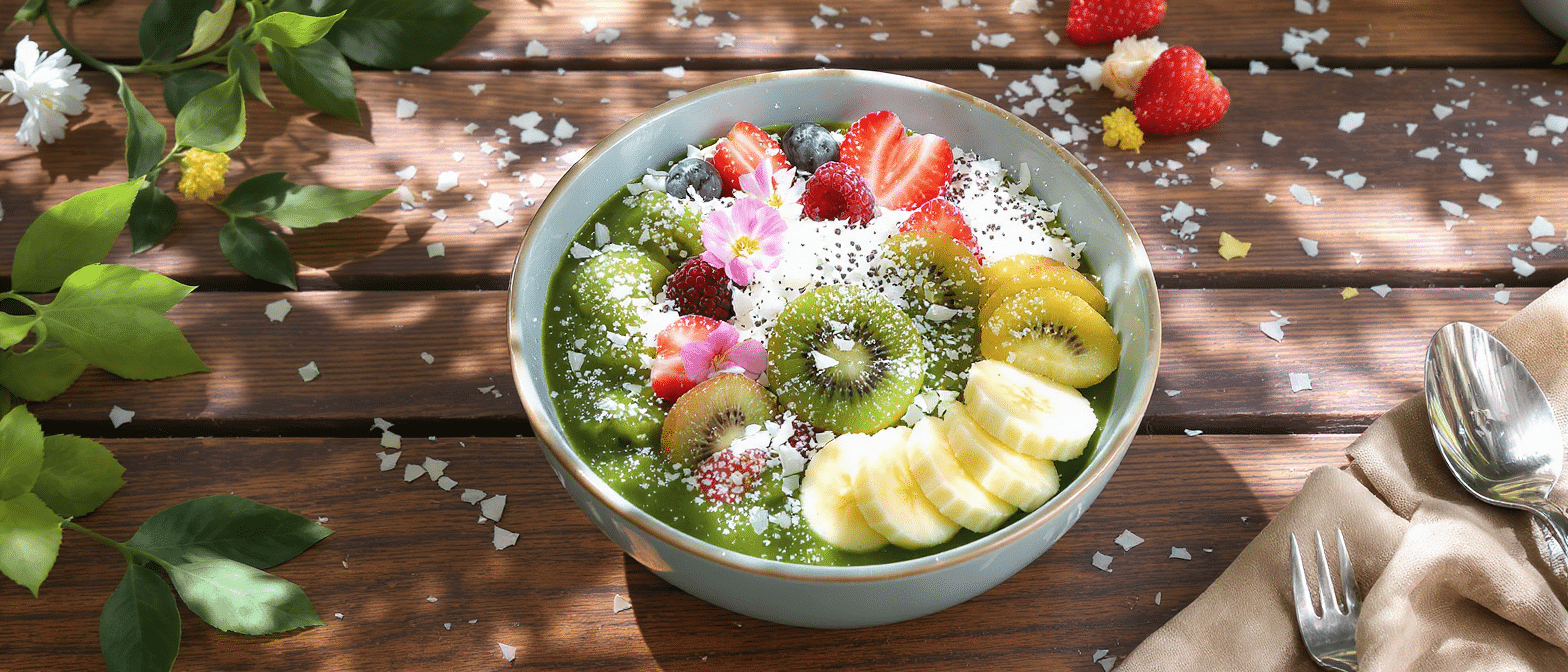 Bol de smoothie vert à la spiruline et à la chlorelle, décoré de kiwi, banane, fraises, framboises, myrtilles et copeaux de coco, posé sur une table en bois au soleil.