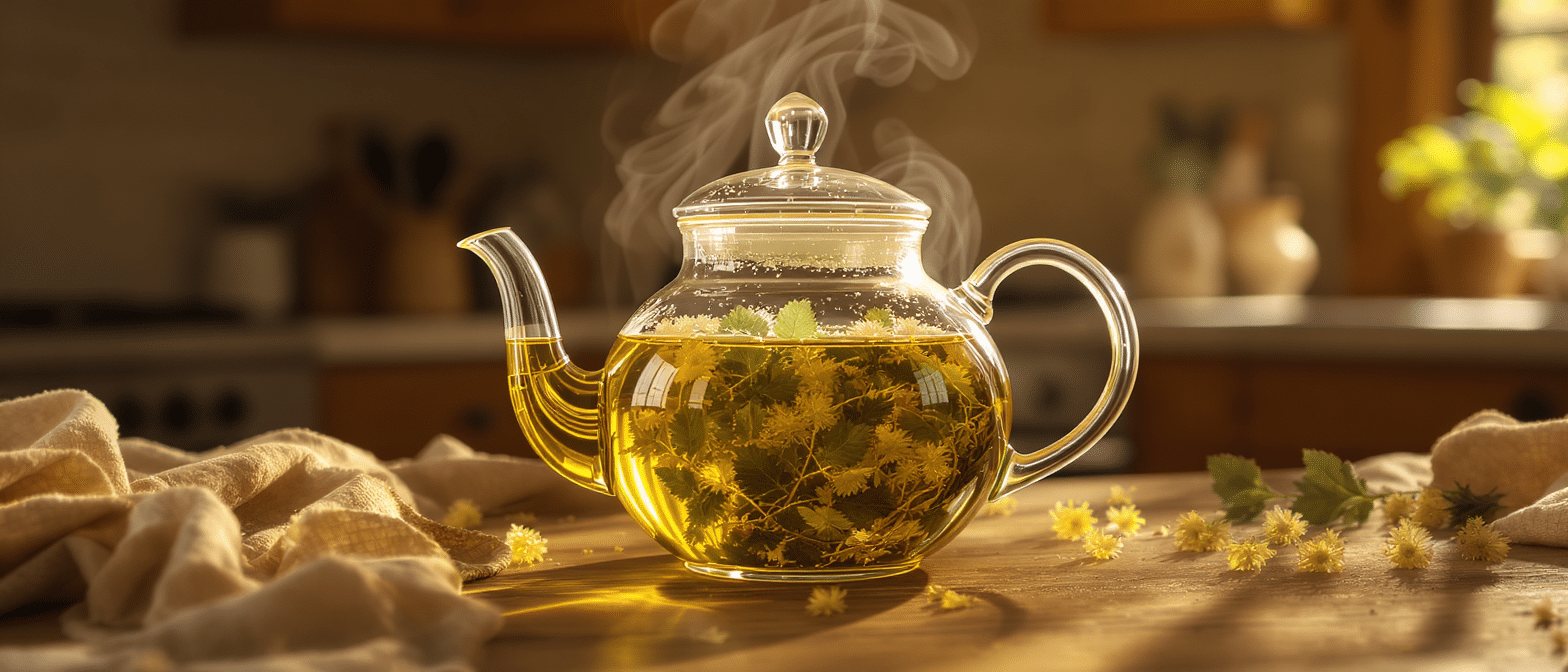 tisane-camomille-pour-les-reins-infusion-relaxante Tisane à la camomille et aux herbes infusées dans une théière en verre, sur une table en bois baignée de lumière chaude.
