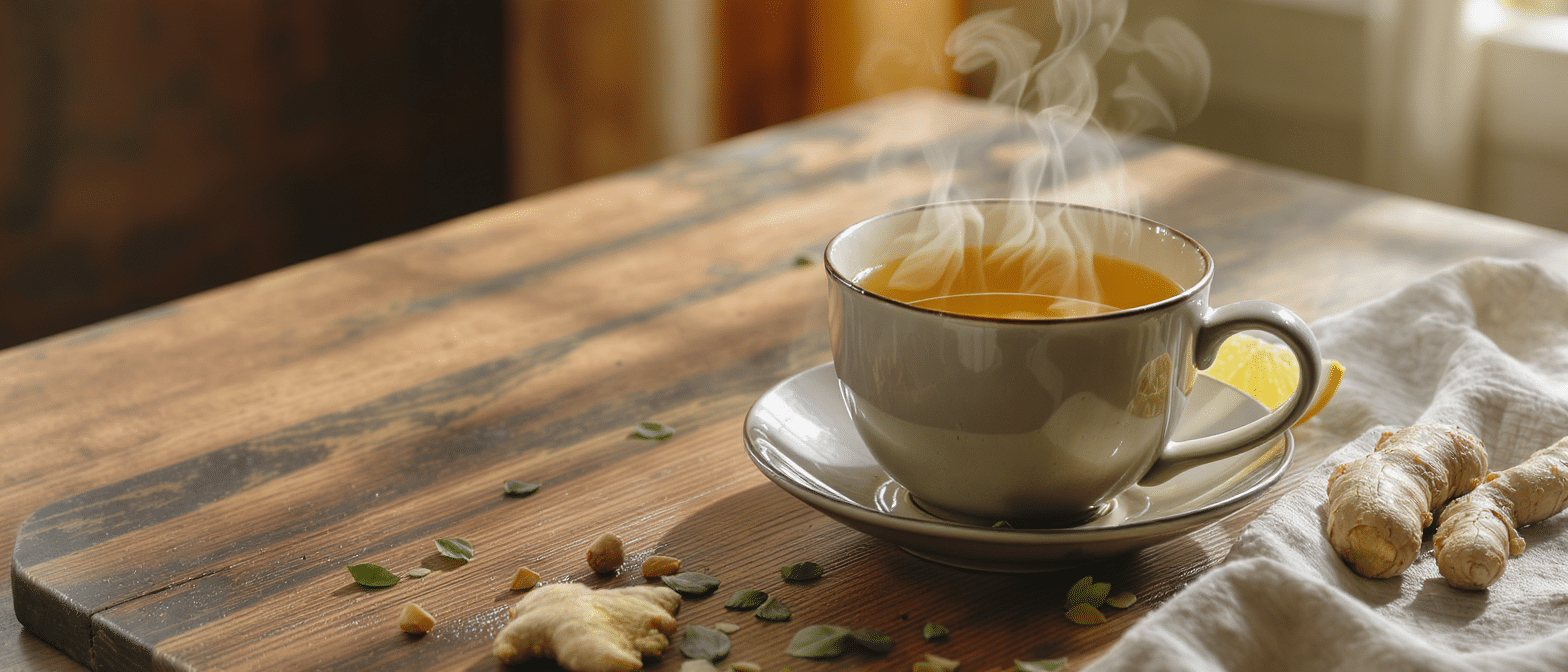 tasse-tisane-gingembre-citron-bienfaits-reins Tasse de tisane au gingembre et citron fumante sur une table en bois, entourée de morceaux de gingembre frais.