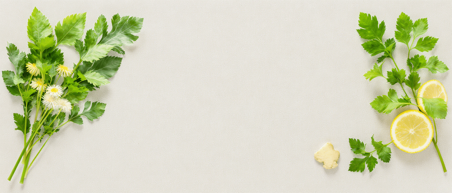 ingredients-tisane-pour-les-reins-persil-citron-gingembre Feuilles de persil, rondelles de citron et morceau de gingembre disposés sur fond clair, ingrédients pour une tisane naturelle.