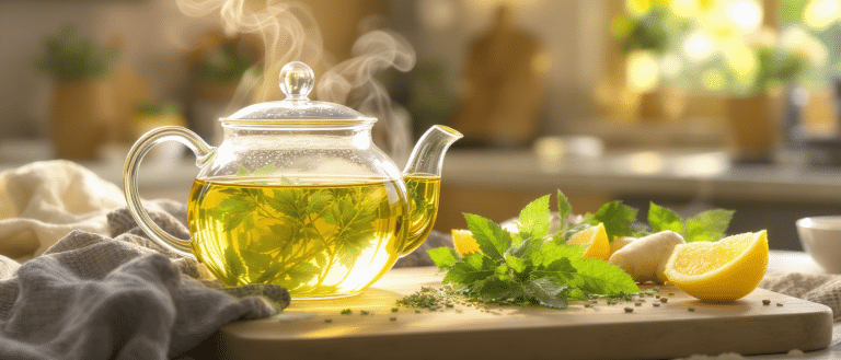 Tisane pour les reins à base d’ortie, de citron et de gingembre dans une théière en verre sur une table en bois lumineuse.