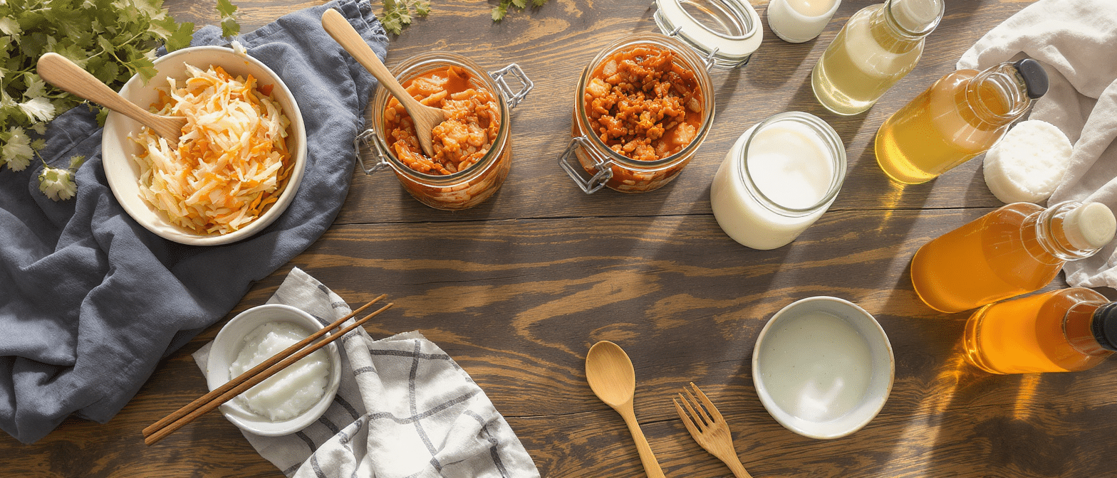 Vue d’ensemble de choucroute, kimchi, kéfir et bouteilles de kombucha disposés sur une table en bois, représentant différents aliments fermentés riches en probiotiques.