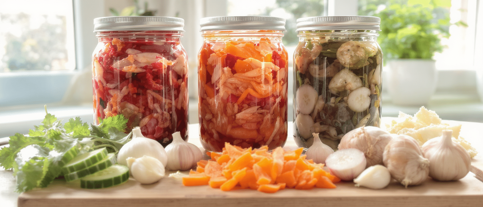 Trois bocaux de légumes lactofermentés maison contenant carottes, betteraves et concombres, entourés d’ail et de légumes frais sur un plan de travail.