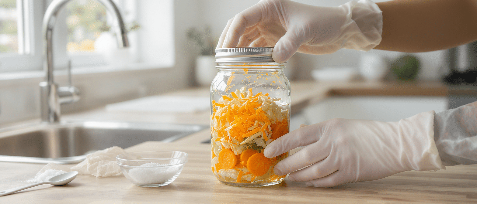 Personne portant des gants stériles fermant un bocal de légumes râpés et carottes pour une fermentation maison sur un plan de travail propre.