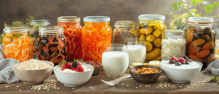 Assortiment d’aliments fermentés riches en probiotiques et prébiotiques : bocaux de légumes lactofermentés, kéfir, yaourt et fruits frais sur une table en bois.