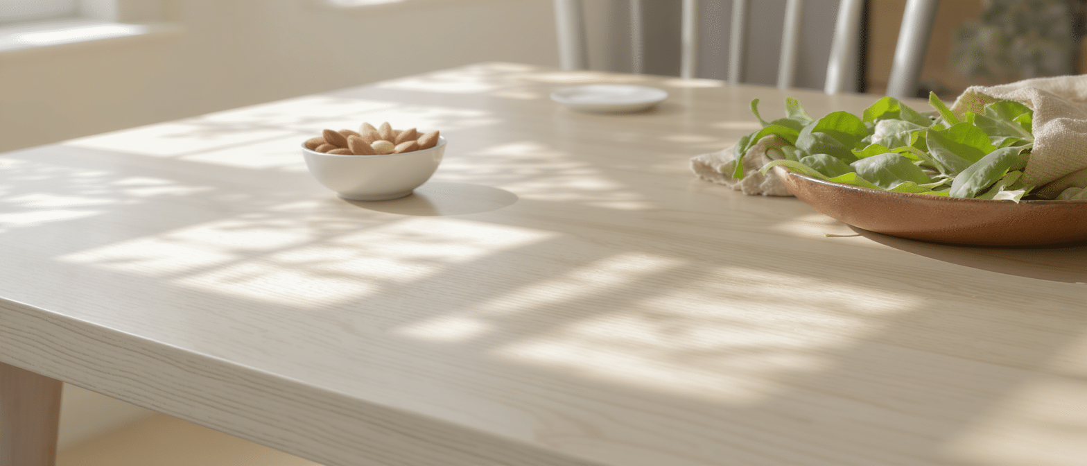 Bol d’amandes et assiette de feuilles vertes sur une table éclairée par la lumière du matin, évoquant calme et alimentation saine.