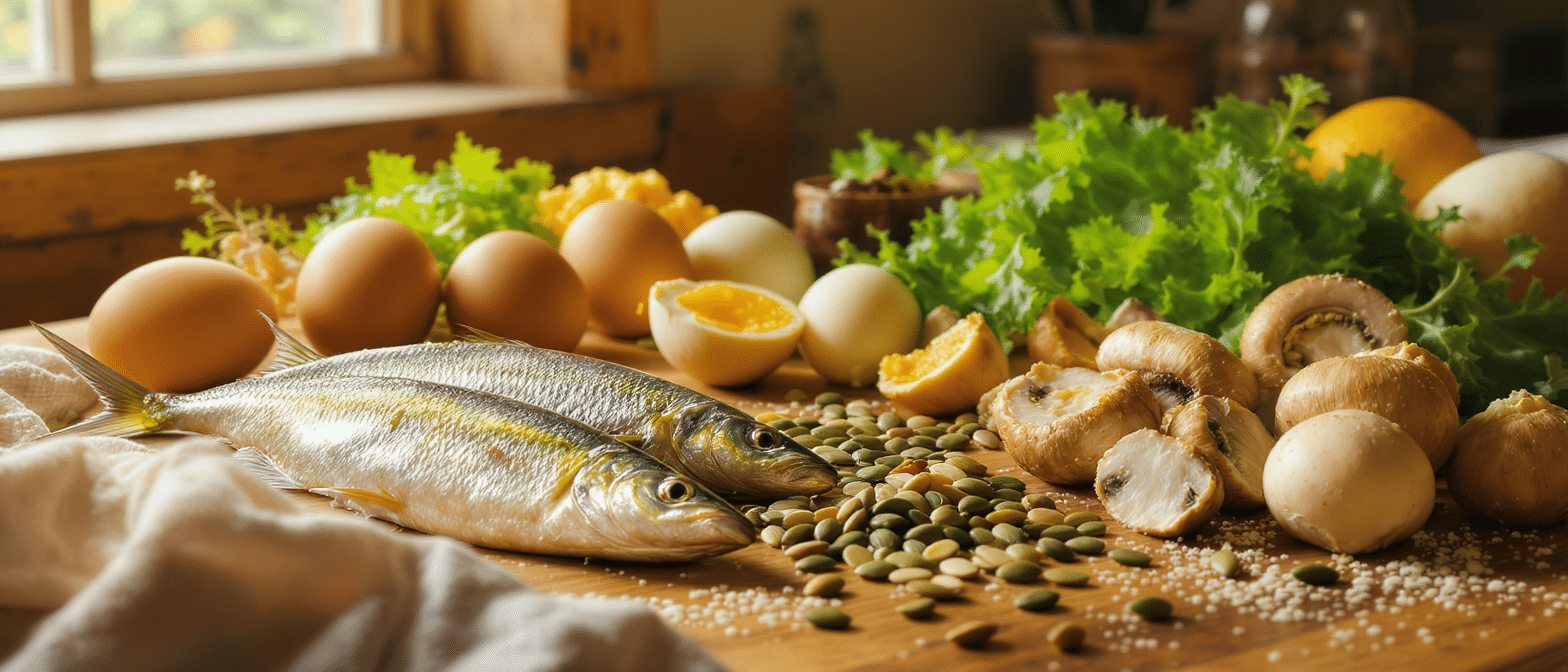 Poissons, œufs, champignons et graines disposés sur une table en bois, sources naturelles de vitamine D et de magnésium.