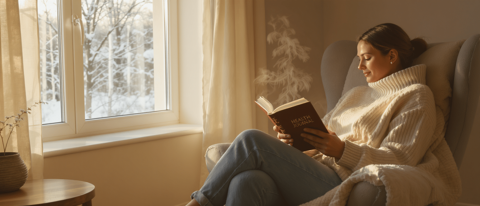 Femme lisant près d’une fenêtre en hiver, baignée par une douce lumière naturelle, illustrant détente et bien-être intérieur.