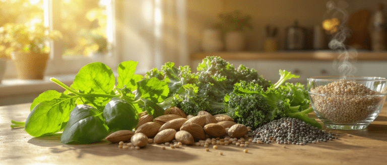 Feuilles vertes, amandes, graines et lentilles disposées sur une table en bois sous la lumière du matin, sources naturelles de magnésium et de vitamine D.