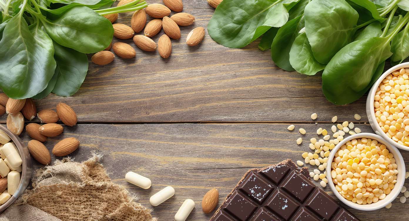 Assortiment d’aliments riches en magnésium disposés sur une table en bois avec un complément alimentaire.