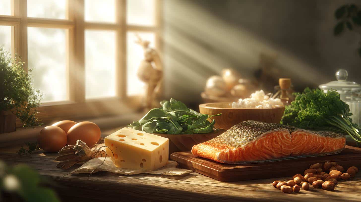 aliments-riches-vitamine-d3-k2-saumon-fromage-soleil Aliments riches en vitamines D3 et K2 avec saumon, œufs, fromage et légumes verts sous une lumière naturelle