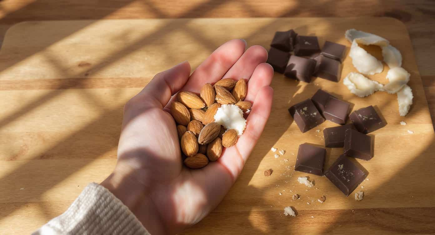 amandes-chocolat-magnesium Main tenant des amandes avec des carrés de chocolat noir posés sur une table en bois, source naturelle de magnésium.