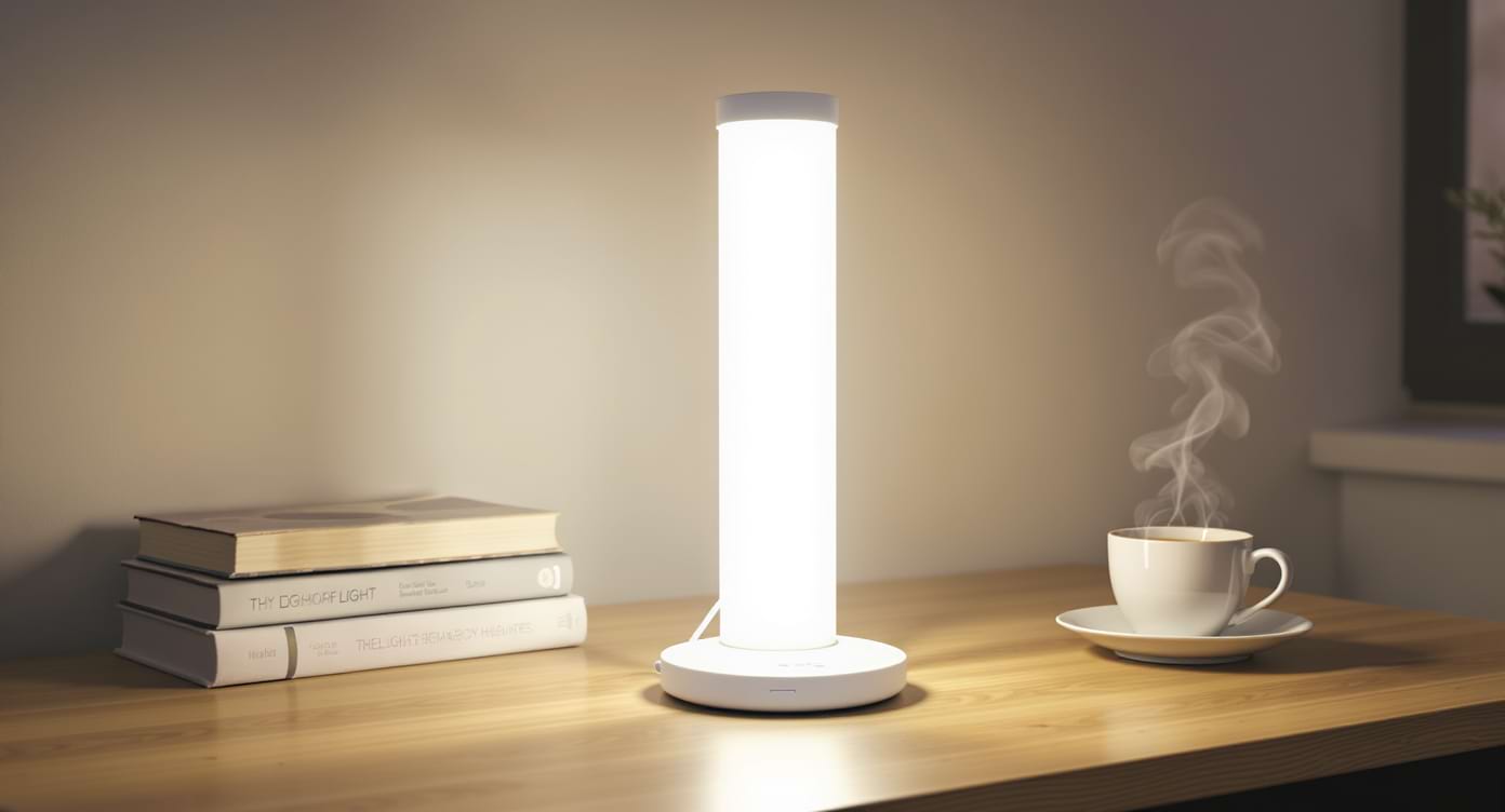 appareil-luminotherapie-lampe-bureau Lampe de luminothérapie blanche posée sur un bureau en hiver.