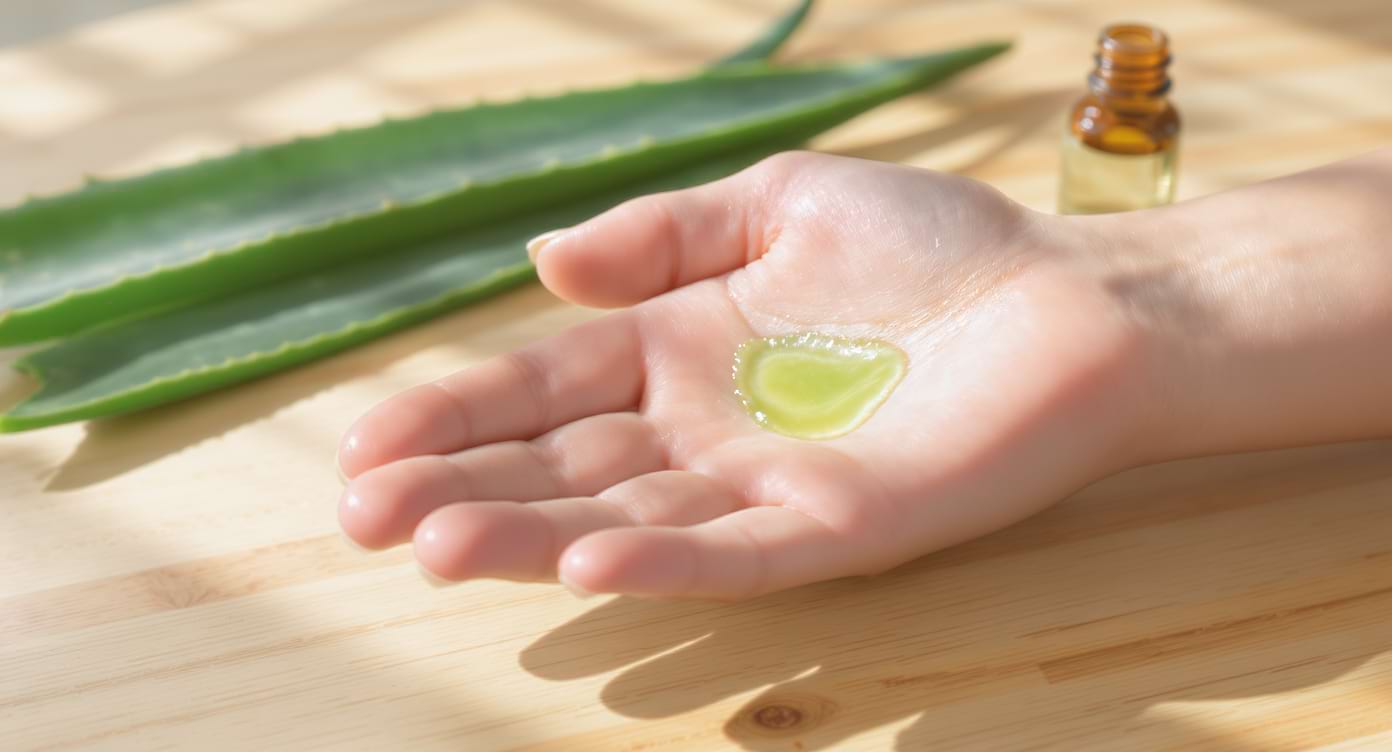 Application de gel d’aloe vera sur la paume de la main droite pour apaiser la peau.