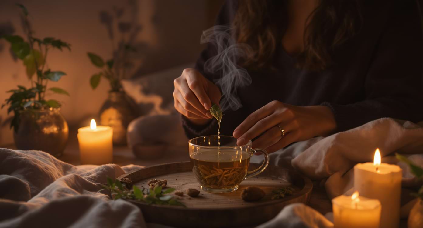 Une personne préparant une tisane d’ashwagandha avant de dormir.