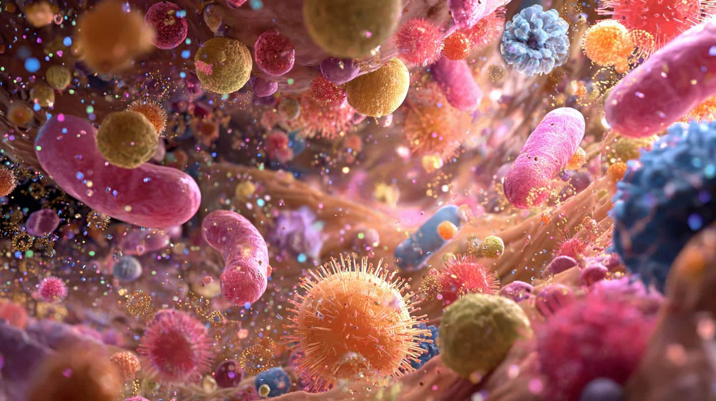 Vue microscopique du microbiote intestinal avec bactéries et bactériophages.