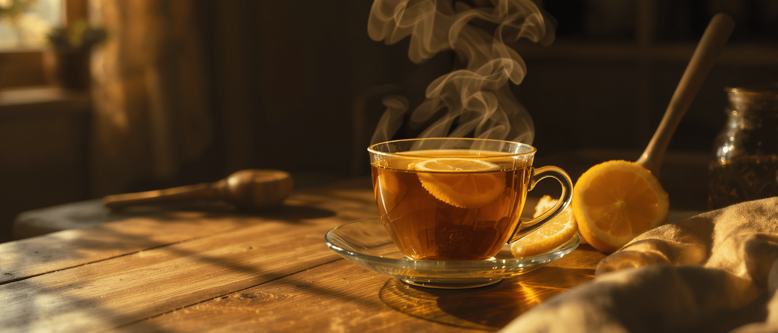 tisane-chaude-citron-miel-apaiser-toux Tasse de tisane chaude au citron et miel posée sur une table en bois, vapeur visible.