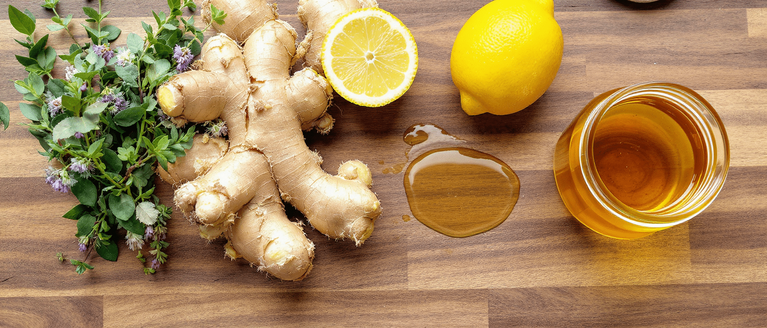 gingembre-citron-miel-remede-naturel-toux Ingrédients naturels contre la toux : gingembre, citron, miel et plantes aromatiques.