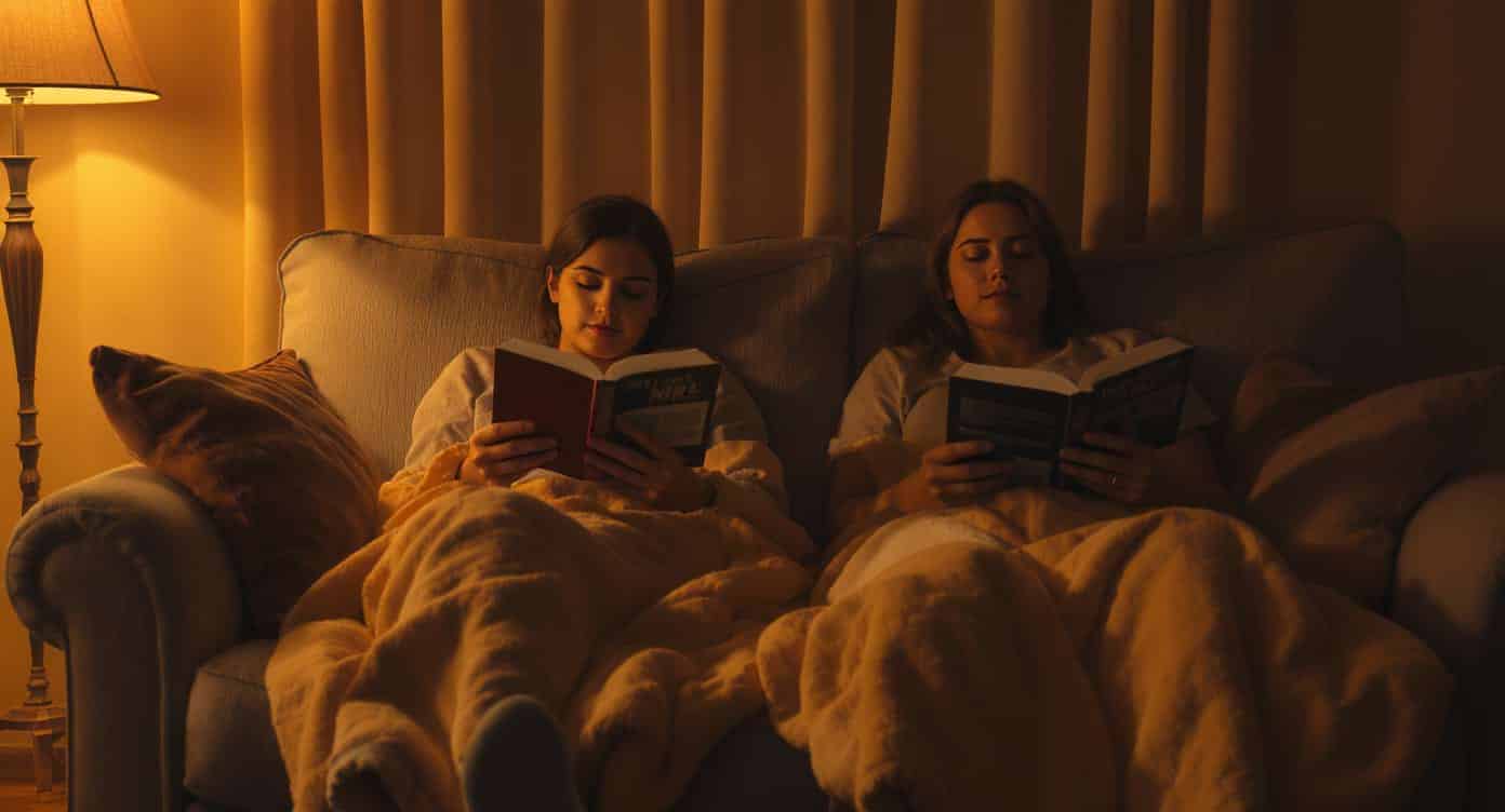 Deux personnes lisant sous des couvertures pondérées dans une ambiance cosy.