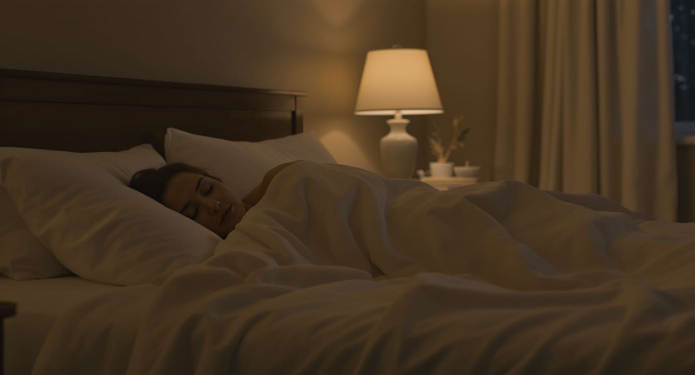 Femme détendue sous une couverture pondérée dans une chambre apaisante.