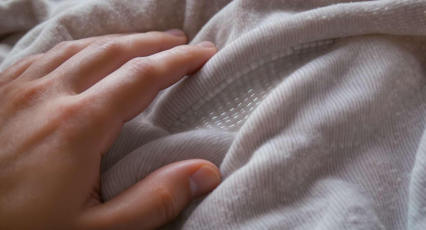 Détail du tissu et du poids d’une couverture pondérée illustrant la pression profonde.