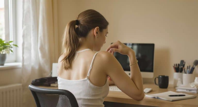 Femme étirant son omoplate gauche devant son bureau pour soulager une tension.