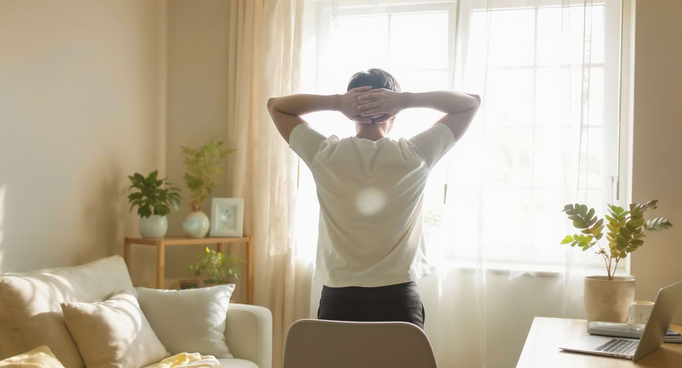 etirement-epaules-posture-quotidienne Personne se levant pour s’étirer et détendre ses épaules près d’une fenêtre