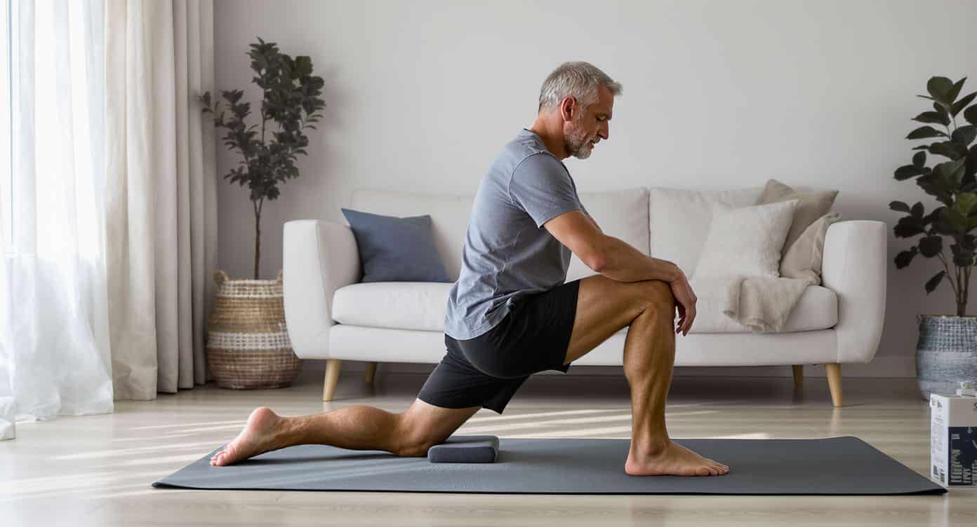 etirement-psoas-cruralgie-gliding-doux Homme réalisant un étirement doux du psoas sur un tapis pour apaiser la cruralgie.