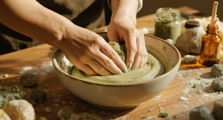 Préparation d’un masque à l’argile verte dans un bol en céramique, mains mélangeant la pâte, ambiance naturelle et lumière chaude.