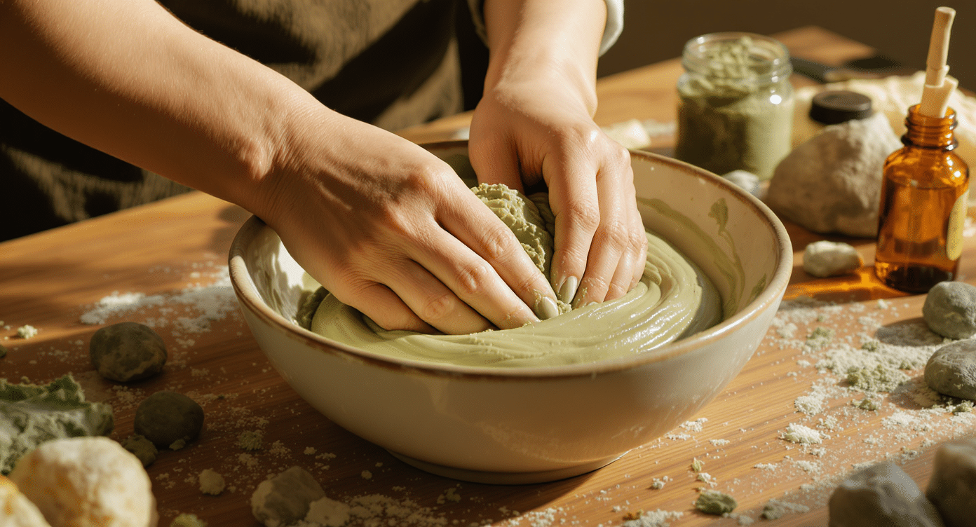 Préparation d’un masque à l’argile verte dans un bol en céramique, mains mélangeant la pâte, ambiance naturelle et lumière chaude.