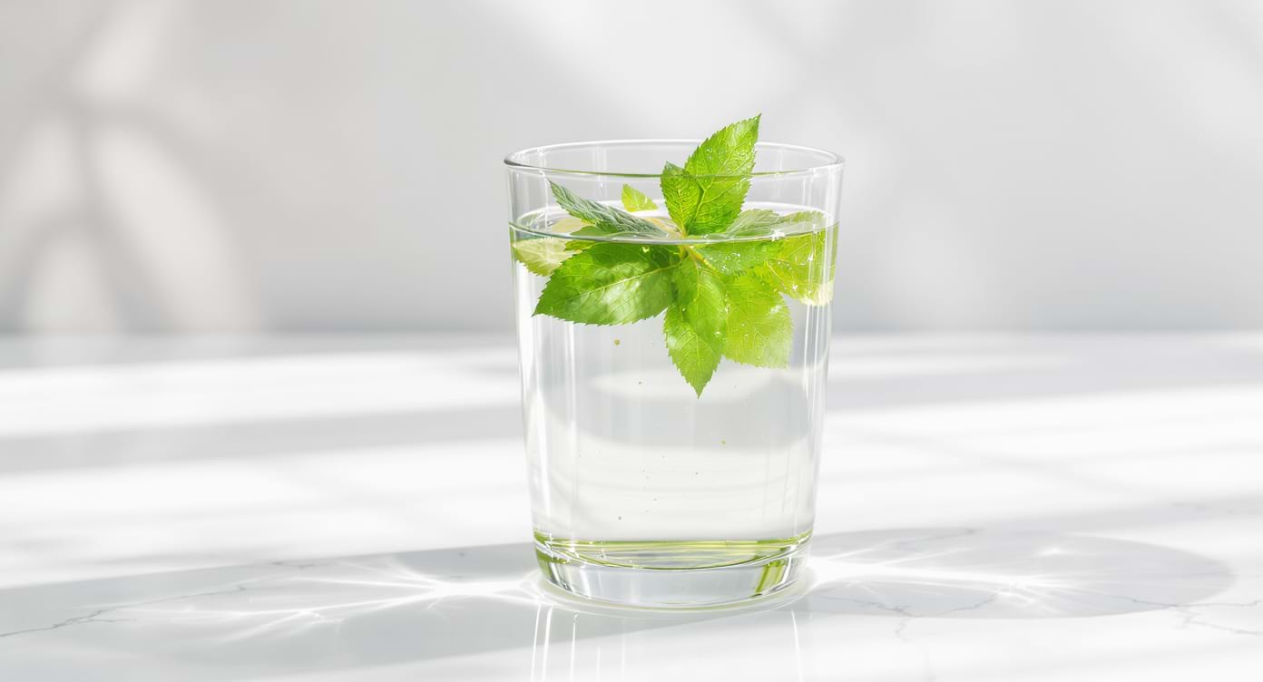 Verre d’eau et infusion de plantes sur fond clair, symbole d’hydratation et de bien-être urinaire.