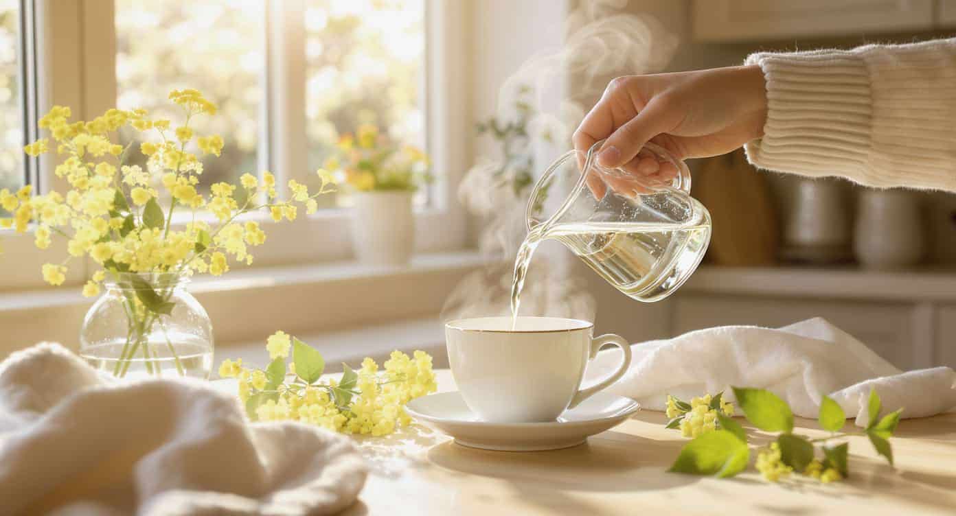 Préparation d’une infusion de millepertuis dans une cuisine lumineuse, symbole de bien-être matinal naturel.