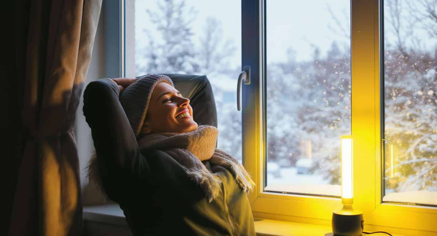 luminotherapie-hiver-bien-etre-humeur Femme souriante s’étirant devant une fenêtre avec une lampe de luminothérapie.
