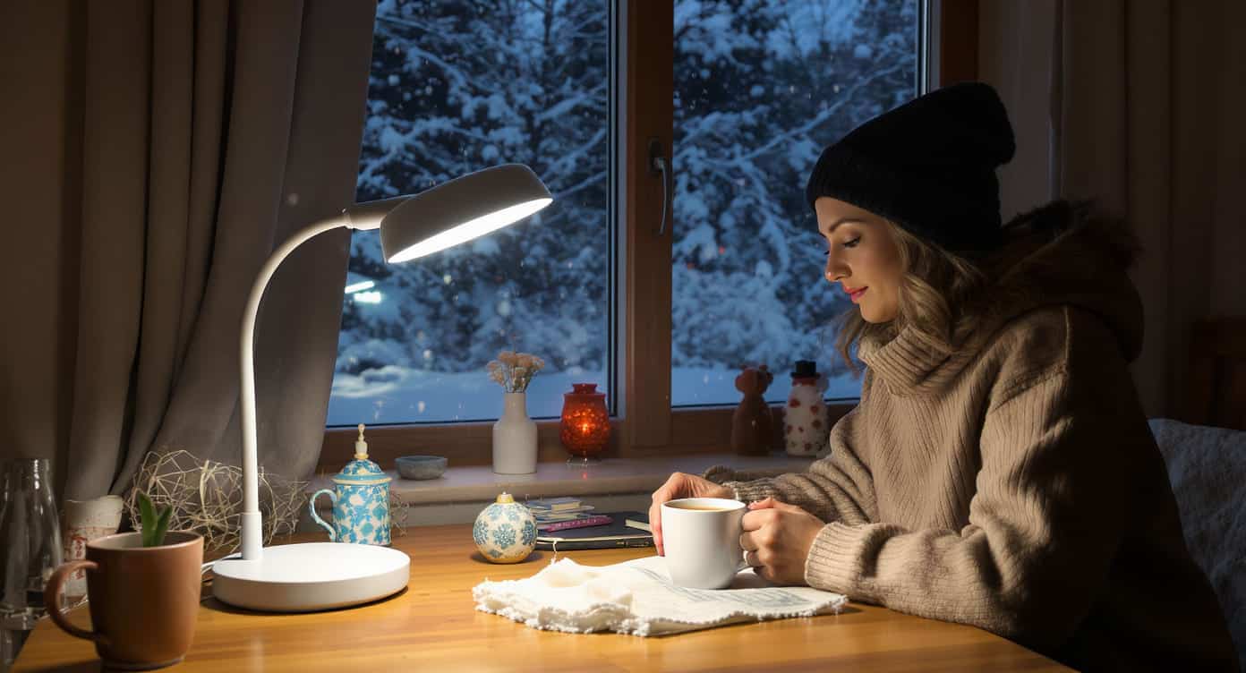 Personne utilisant une lampe de luminothérapie un matin d’hiver, café à la main.