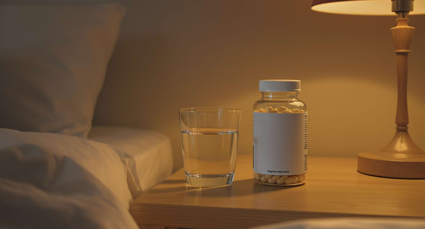 Flacon de magnésium bisglycinate posé sur une table de chevet dans une ambiance apaisante du soir.