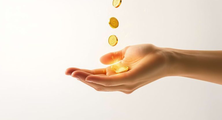 Main droite ouverte recevant des pièces dorées symbolisant une rentrée d’argent.