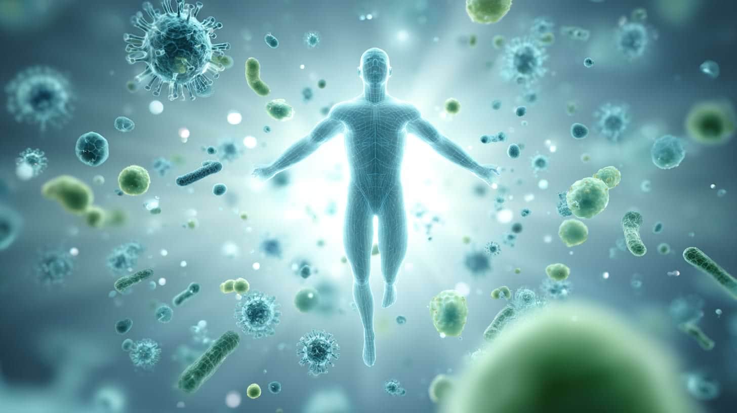 Illustration du corps humain entouré de microbes symbolisant l’équilibre entre microbiome et microviome.