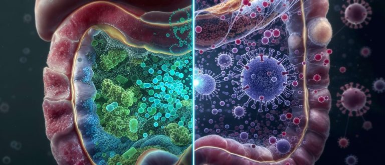 Illustration en coupe d’un intestin humain montrant la différence entre microbiome et microviome.