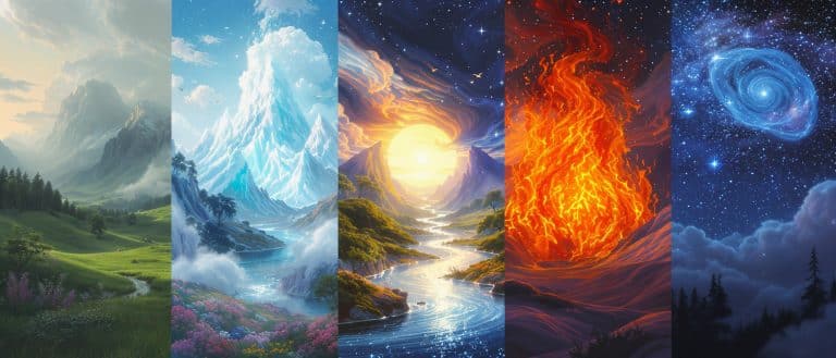 Illustration symbolique des cinq éléments de l’Ayurveda – terre, eau, feu, air et éther – représentés par des paysages naturels harmonieux.