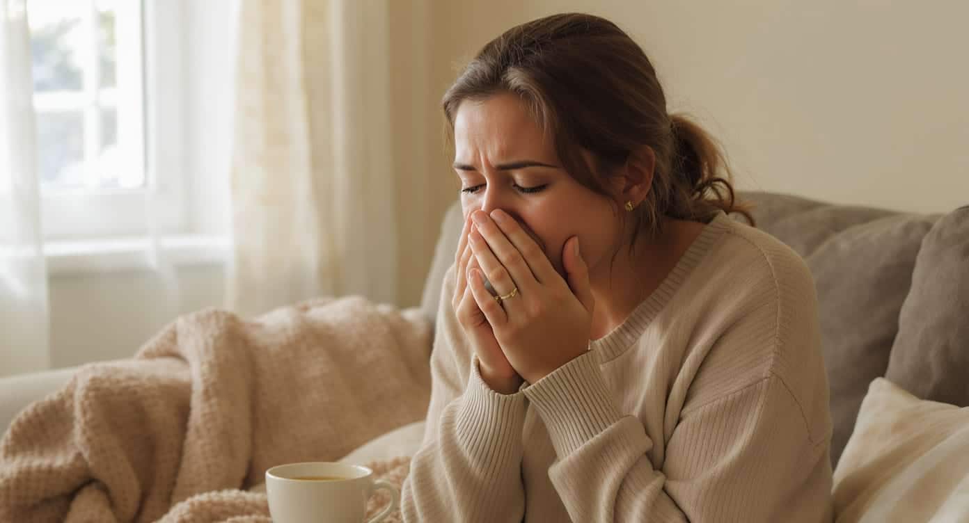 Femme toussant légèrement, assise avec une tasse de tisane dans une lumière naturelle.