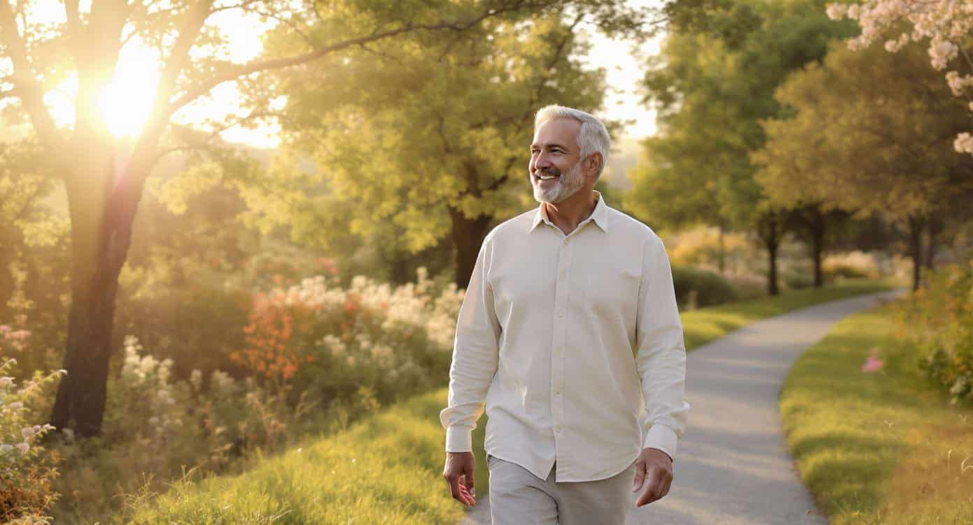 Homme d’une cinquantaine d’années marchant dans la nature au lever du soleil, symbole de bien-être masculin et d’équilibre urinaire naturel.