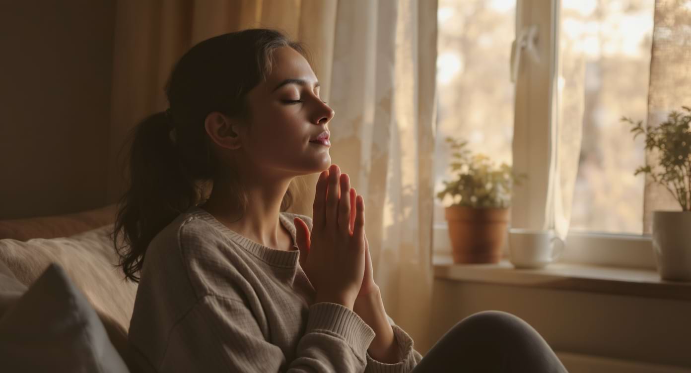 Femme détendue pratiquant la respiration lente au crépuscule
