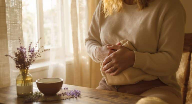 Femme appliquant une compresse chaude sur les côtes dans une ambiance naturelle et apaisante.
