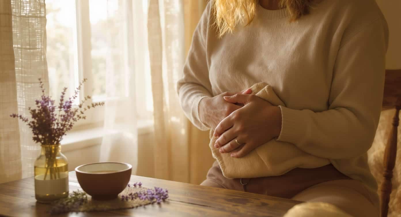 Femme appliquant une compresse chaude sur les cĂ´tes dans une ambiance naturelle et apaisante.
