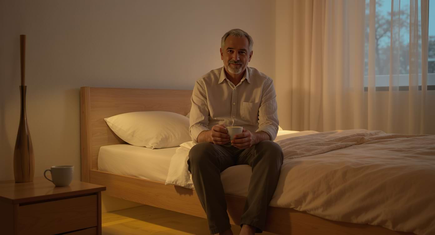 Homme détendu assis sur son lit au crépuscule, tenant une tasse de tisane, illustrant un rituel du soir apaisant.