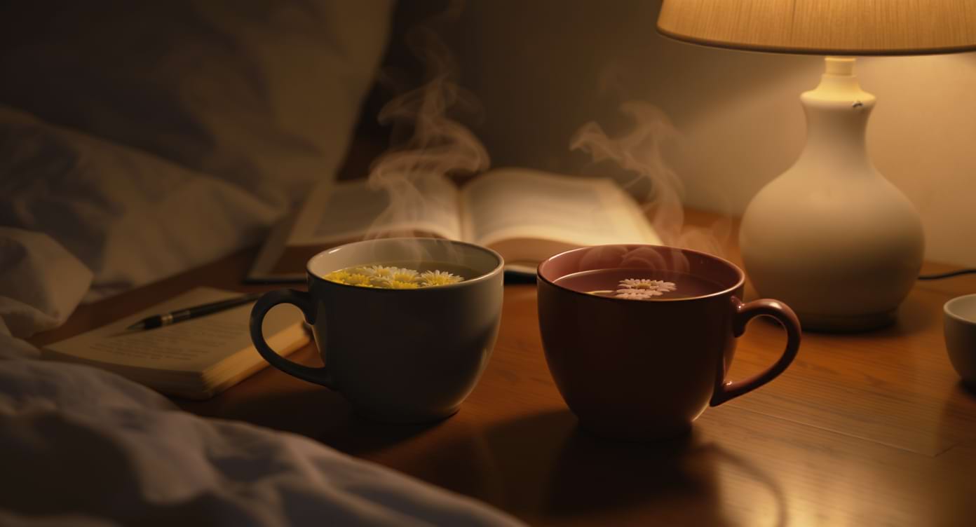 tisanes-camomille-passiflore-nuit-detente Deux tasses de tisane chaude posées sur une table de chevet en bois, éclairées par une lampe de nuit, avec un livre ouvert et une atmosphère apaisante du soir.