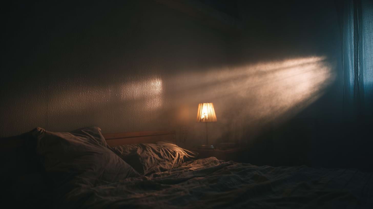 toux-nuit-chambre-air-sec Chambre faiblement éclairée montrant une atmosphère sèche propice à la toux nocturne.